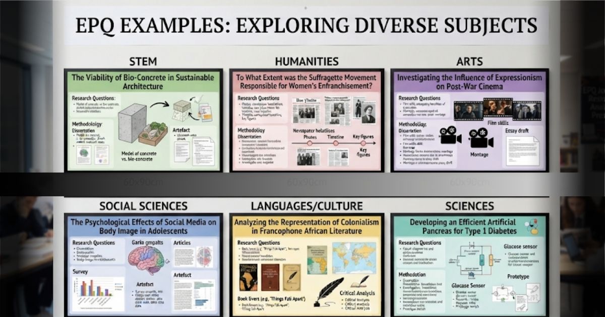 Infographic displaying EPQ examples titled "EPQ EXAMPLES: EXPLORING DIVERSE SUBJECTS" categorized into six subject areas.