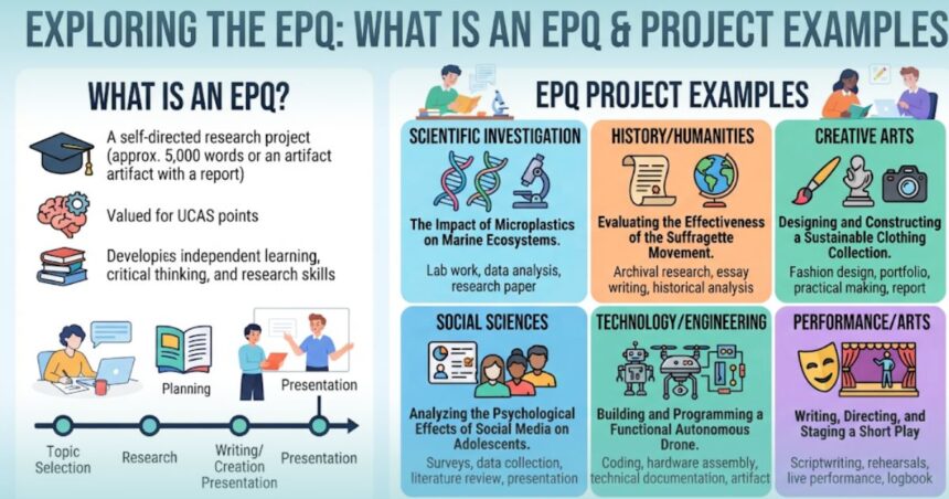 Infographic explaining "Exploring the EPQ: What is an EPQ Examples" with definitions and category breakdowns.