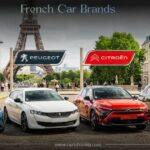 Lineup of French car brands Renault, Peugeot, Citroën, and DS parked in Paris with the Eiffel Tower behind them.