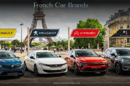 Lineup of French car brands Renault, Peugeot, Citroën, and DS parked in Paris with the Eiffel Tower behind them.