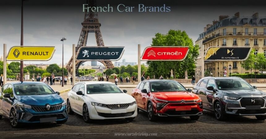 Lineup of French car brands Renault, Peugeot, Citroën, and DS parked in Paris with the Eiffel Tower behind them.