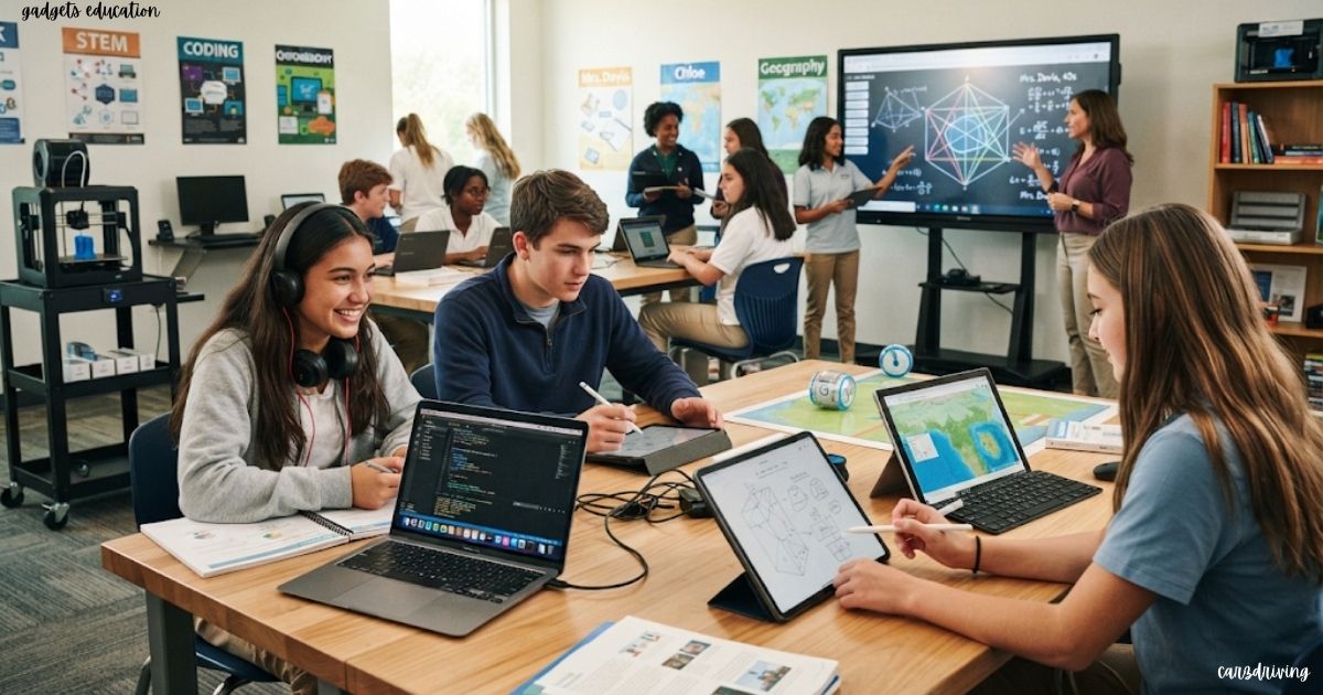 Students utilizing educational technology gadgets, including laptops, tablets, and smartboards, in a modern STEM learning environment.