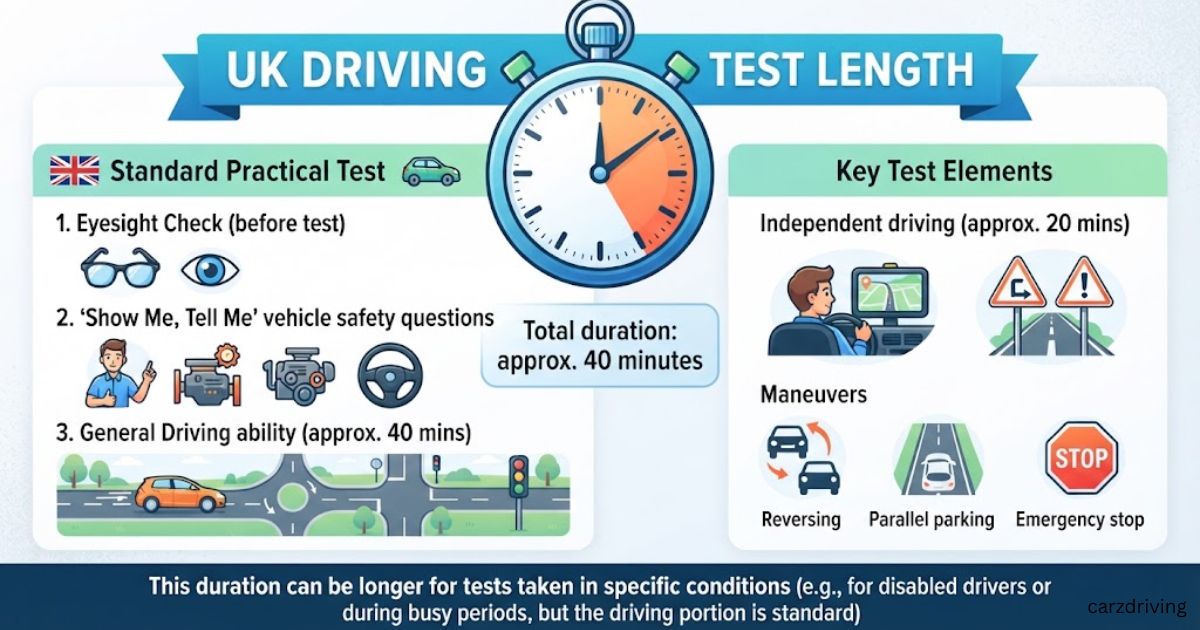 Infographic illustrating UK driving test length, outlining standard practical test elements including eyesight check, show me tell me questions, general driving ability, independent driving, and maneuvers.