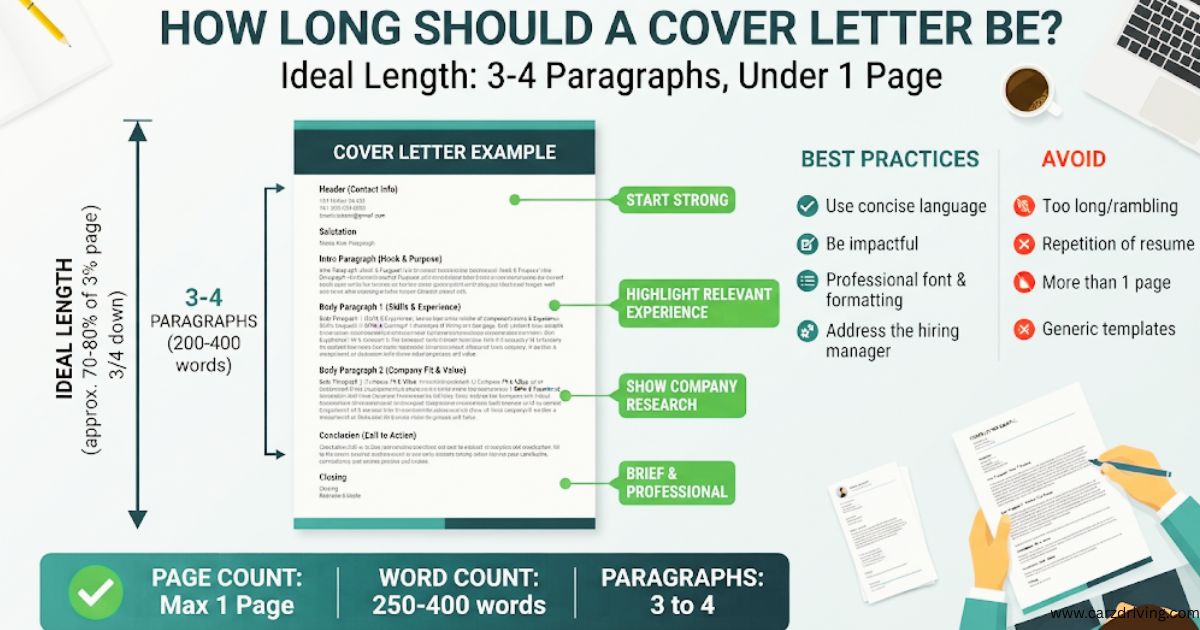 Infographic titled "How Long Should a Cover Letter Be?" stating the ideal length is 3–4 paragraphs, 250–400 words, and under 1 page.