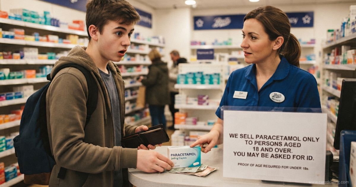how old do you have to be to buy paracetamol? A teenage boy looks surprised at a pharmacy counter as a pharmacist points to a sign stating paracetamol is only sold to people aged 18 and over.