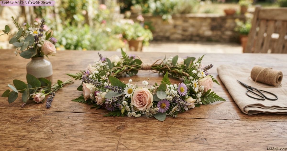 how to make a flower crown A handmade flower crown made of light pink roses, lavender, and daisies resting on a rustic wooden table alongside crafting supplies.