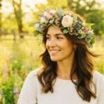 A smiling woman with long brown hair wearing a floral crown made of white roses, lavender, and greenery in a sunlit meadow.