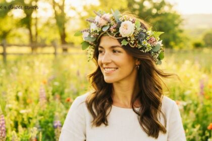 A smiling woman with long brown hair wearing a floral crown made of white roses, lavender, and greenery in a sunlit meadow.