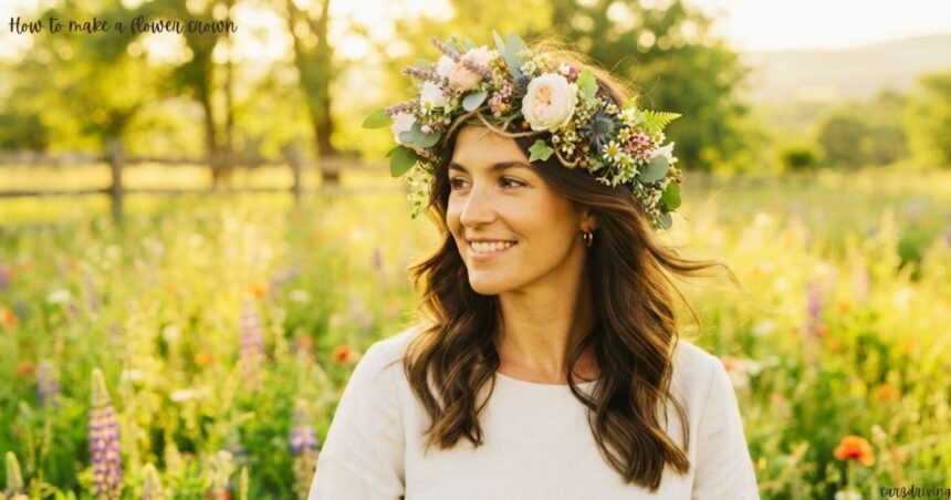 A smiling woman with long brown hair wearing a floral crown made of white roses, lavender, and greenery in a sunlit meadow.