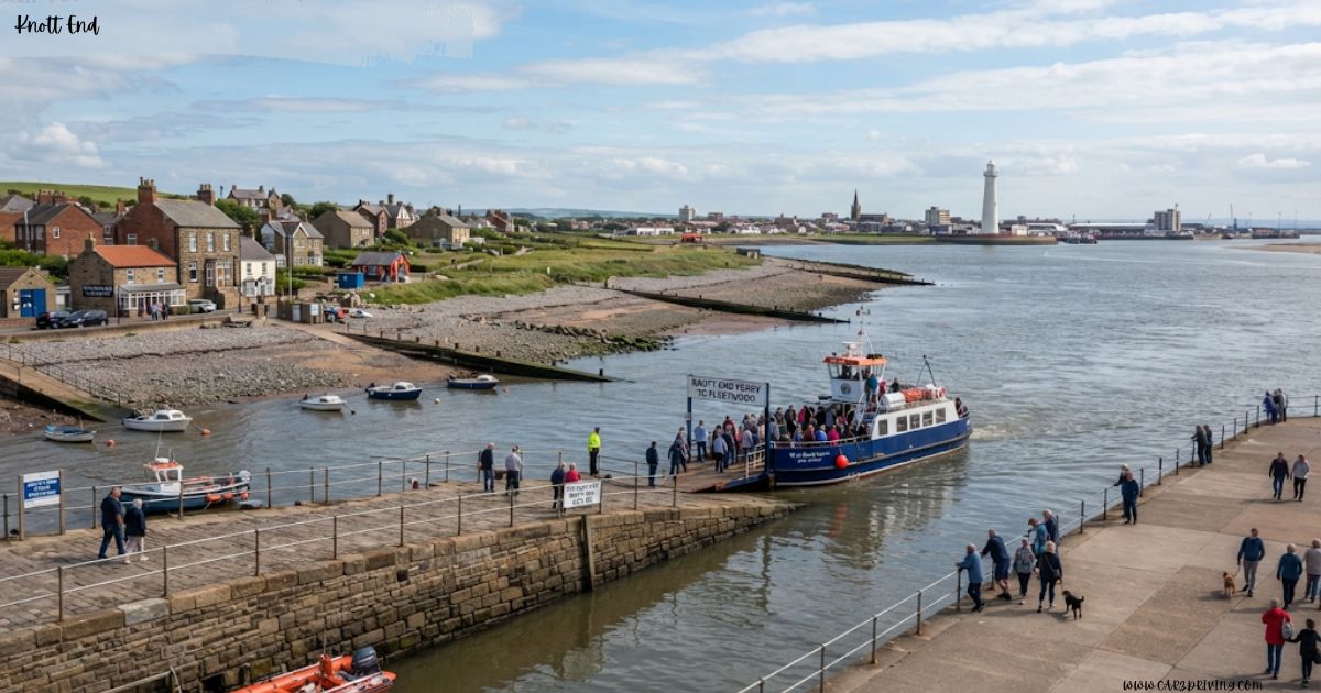 An elevated view of the Knott End ferry pier with passengers boarding a blue passenger boat, overlooking a pebbled shore and a white lighthouse across the bay.