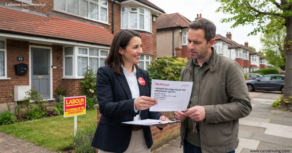 A canvasser wearing a Labour badge hands a document titled "Labour's Housing Value Tax: Assessment Notice" to a homeowner outside a suburban residential home.