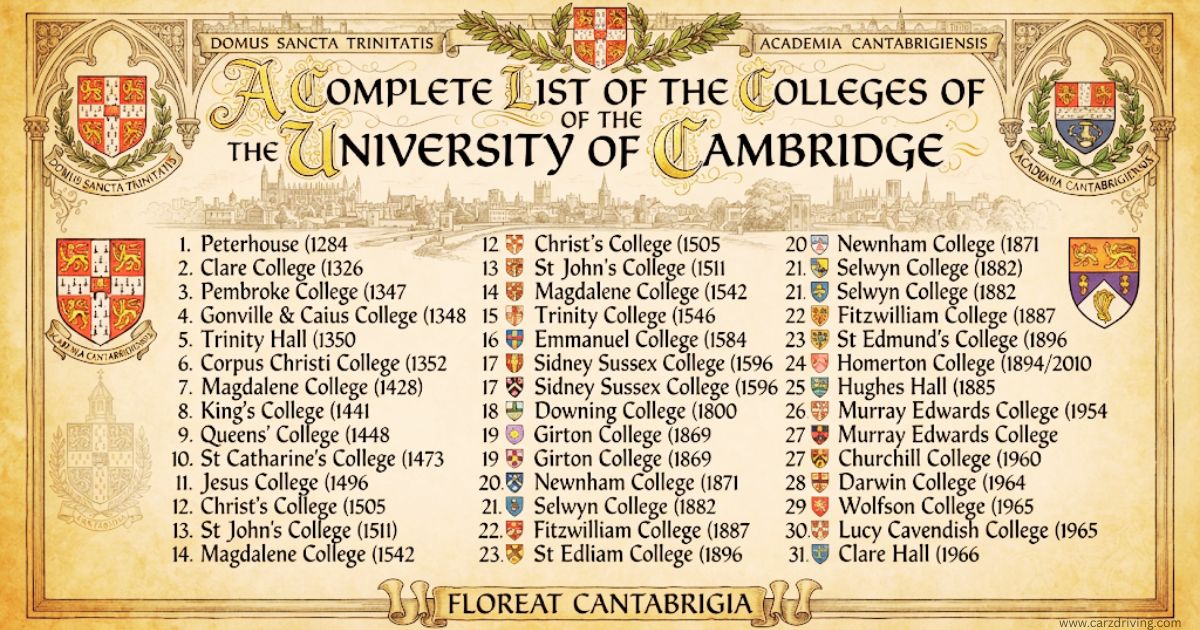 **Alt Text:**

An illustrated poster titled "A Complete List of the Colleges of the University of Cambridge" formatted on an aged parchment background. The graphic features a central list of Cambridge colleges with their founding years, surrounded by decorative heraldic crests and a skyline illustration of the city of Cambridge.