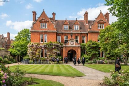 **Alt Text:** Students in academic gowns walk along a stone pathway outside the red-brick building of Girton College, Cambridge, surrounded by manicured lawns, green trees, and purple wisteria representinf one of the list of cambridge colleges