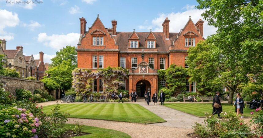 **Alt Text:** Students in academic gowns walk along a stone pathway outside the red-brick building of Girton College, Cambridge, surrounded by manicured lawns, green trees, and purple wisteria representinf one of the list of cambridge colleges
