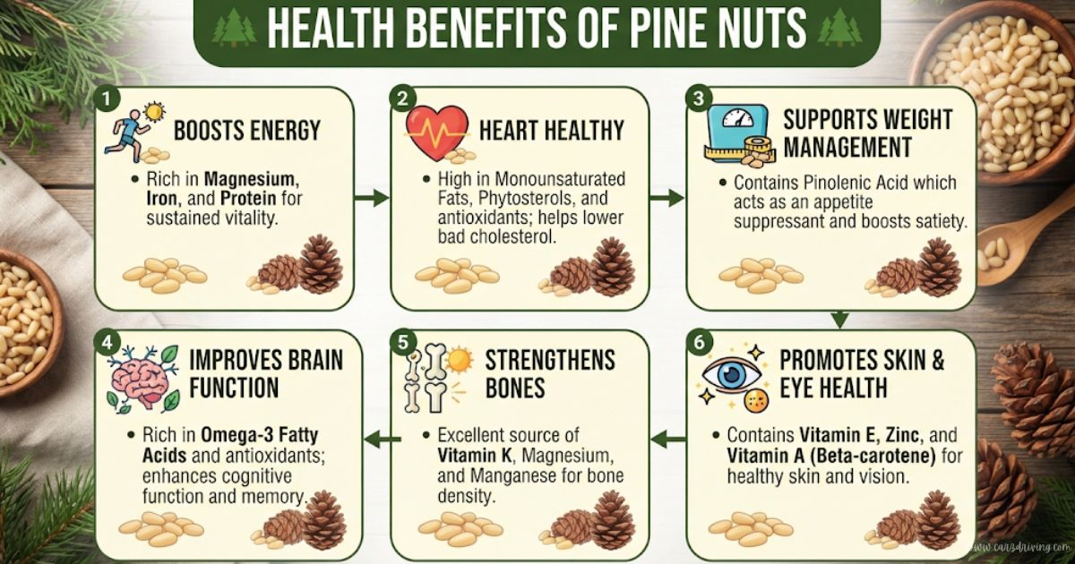 Infographic detailing six health benefits of pine nut nuts, including energy, heart health, and weight management.