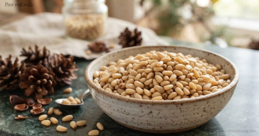 A ceramic bowl filled with raw pine nut nuts on a table next to pinecones.