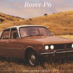 A vintage brown Rover P6 sedan parked in a grassy field with rolling hills in the background.