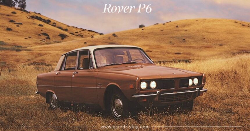 A vintage brown Rover P6 sedan parked in a grassy field with rolling hills in the background.