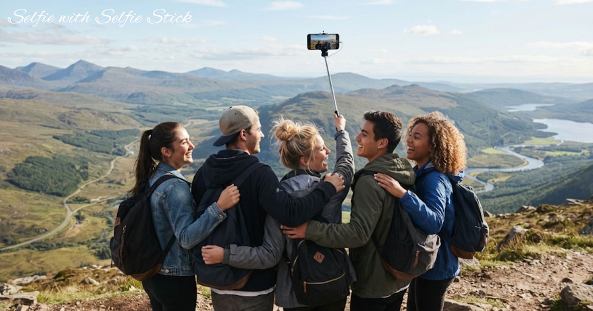 A group of happy friends taking a group selfie with selfie stick on top of a mountain overlooking a valley.