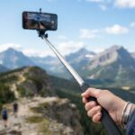 A person taking a selfie with selfie stick on a hiking trail overlooking scenic mountain peaks.