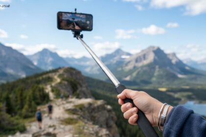 A person taking a selfie with selfie stick on a hiking trail overlooking scenic mountain peaks.