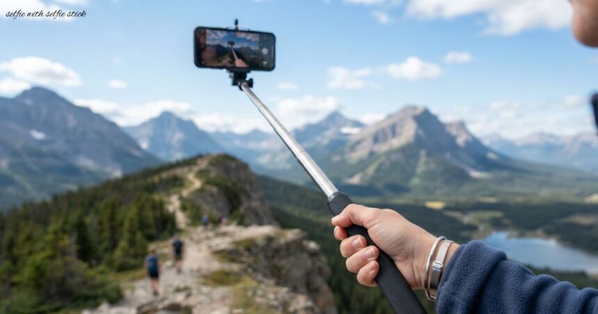 A person taking a selfie with selfie stick on a hiking trail overlooking scenic mountain peaks.