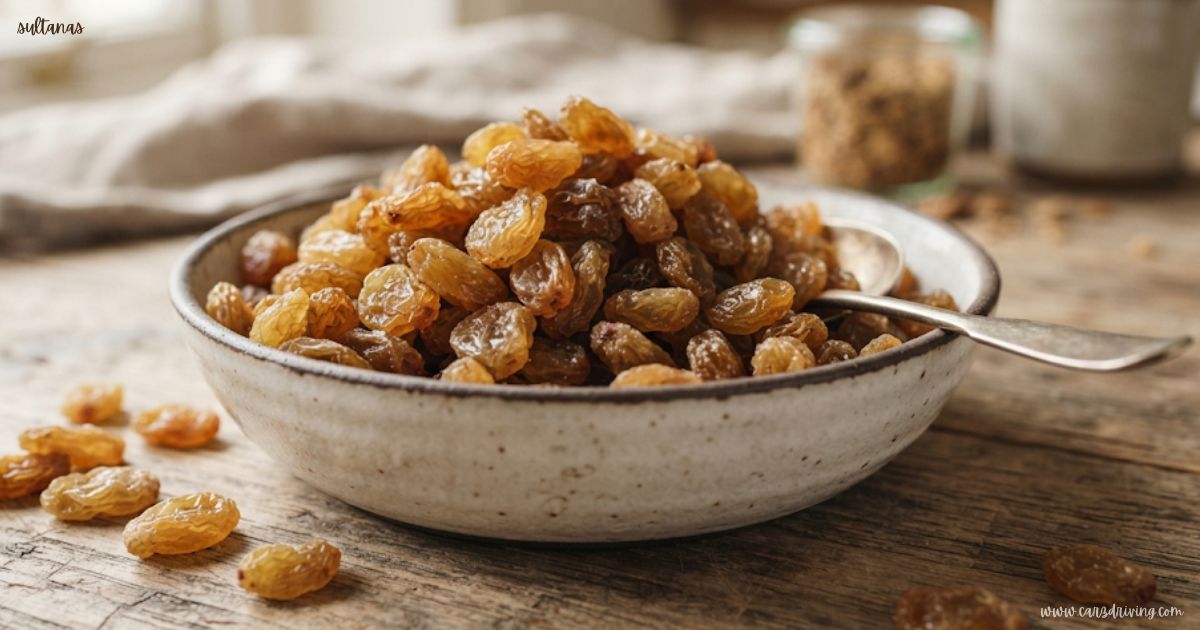 A ceramic bowl filled with golden sultanas resting on a rustic wooden table with a small spoon.