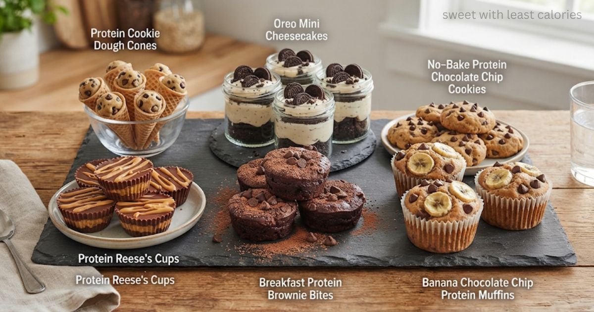 A wooden table displaying six varieties of sweets with least calories protein treats arranged on slate boards and plates, including Protein Cookie Dough Cones, Oreo Mini Cheesecakes in small glass jars, No-Bake Protein Chocolate Chip Cookies, Protein Reese's Cups, Breakfast Protein Brownie Bites dusted with cocoa, and Banana Chocolate Chip Protein Muffins.