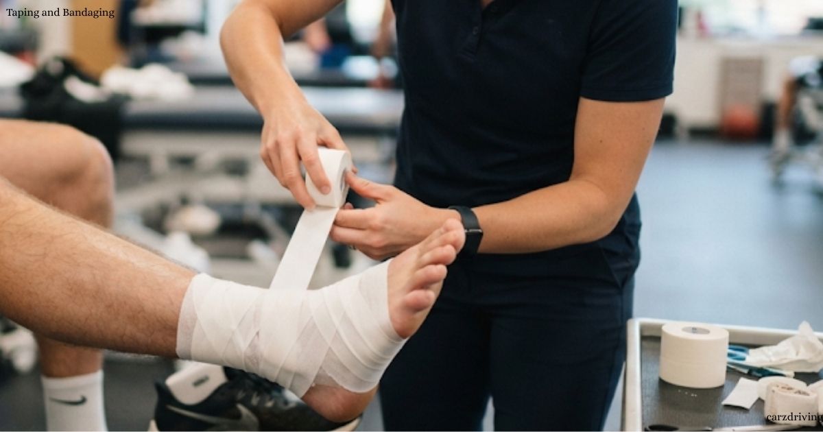A practitioner wrapping white athletic tape around an individual's foot and ankle. at the corner lay taping and bandaging