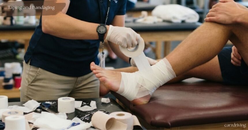 Close-up of a healthcare provider applying athletic taping and bandaging to a patient's foot and lower leg in a clinical setting, with supplies on the table.