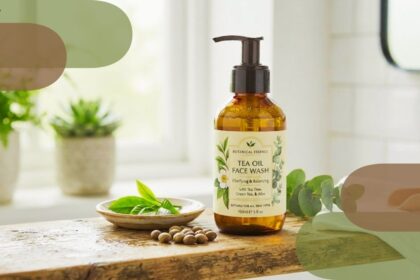 Amber glass pump bottle of Botanical Essence Tea Oil Face Wash surrounded by tea leaves and botanical seeds on a wooden counter.