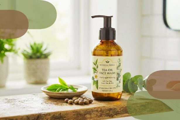 Amber glass pump bottle of Botanical Essence Tea Oil Face Wash surrounded by tea leaves and botanical seeds on a wooden counter.
