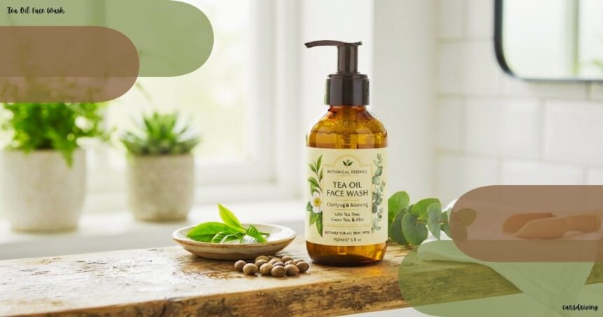 Amber glass pump bottle of Botanical Essence Tea Oil Face Wash surrounded by tea leaves and botanical seeds on a wooden counter.