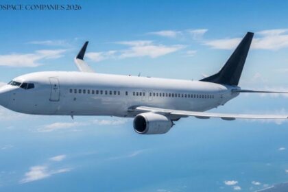 A white commercial airliner flying through a clear blue sky with light clouds, with text reading "TOP AEROSPACE COMPANIES 2026" in the top-left corner.