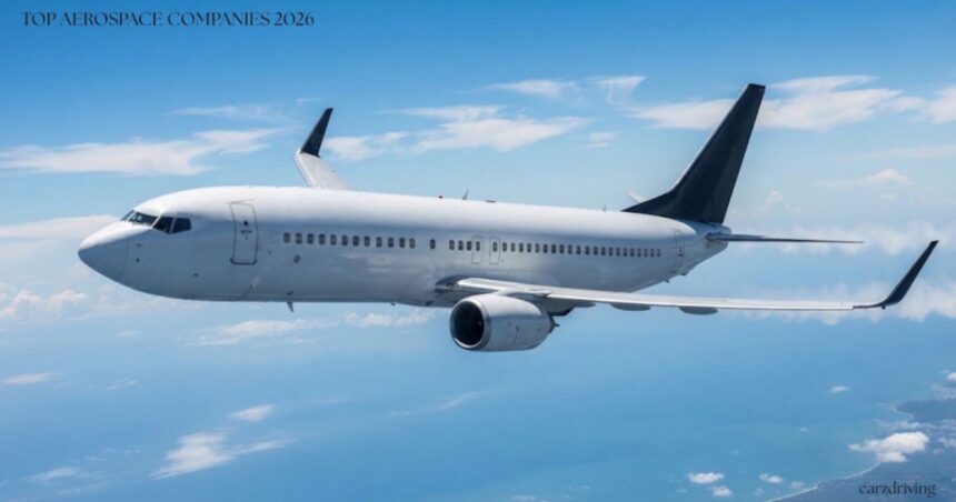 A white commercial airliner flying through a clear blue sky with light clouds, with text reading "TOP AEROSPACE COMPANIES 2026" in the top-left corner.
