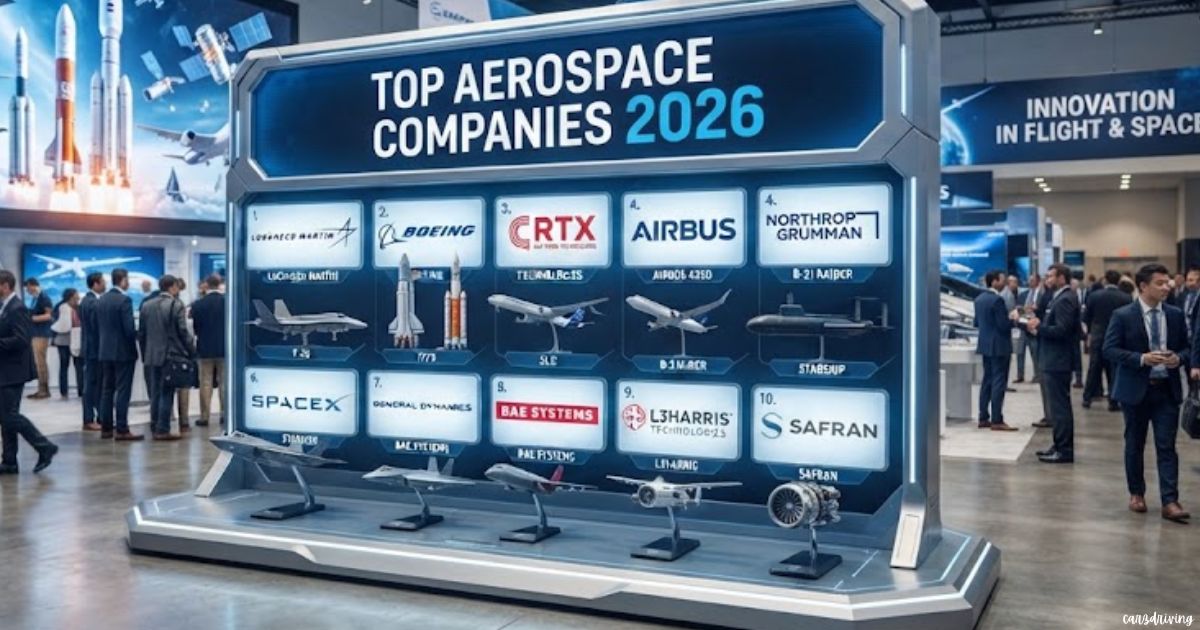Display panel showing logos and scale models of top aerospace companies for 2026.