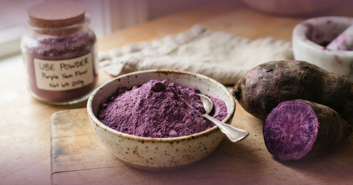 A bowl of vibrant purple ube powder with a spoon, next to whole and sliced purple yams and a jar of ube flour, illustrating what is ube.