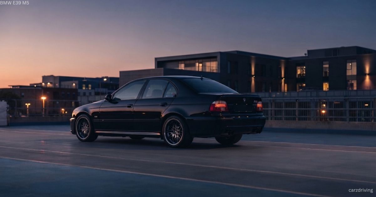 Rear side view of a black BMW E39 M5 performance sedan parked on a parking deck during sunset with city buildings in the background.