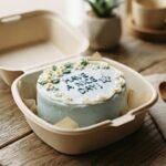 Small light blue bento cake iced with the message "HAVE A NICE DAY!" inside an open takeout container on a wooden table.