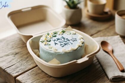Small light blue bento cake iced with the message "HAVE A NICE DAY!" inside an open takeout container on a wooden table.