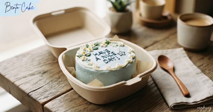 Small light blue bento cake iced with the message "HAVE A NICE DAY!" inside an open takeout container on a wooden table.