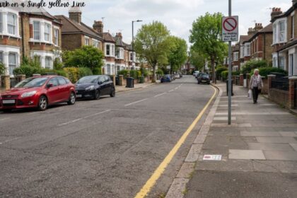 A residential street lined with terraced brick houses, featuring a single yellow line painted along the curb on the right side and a traffic sign that reads "No Waiting Mon-Sat 8am-6pm".at the corner lay can you park on a single yellow line