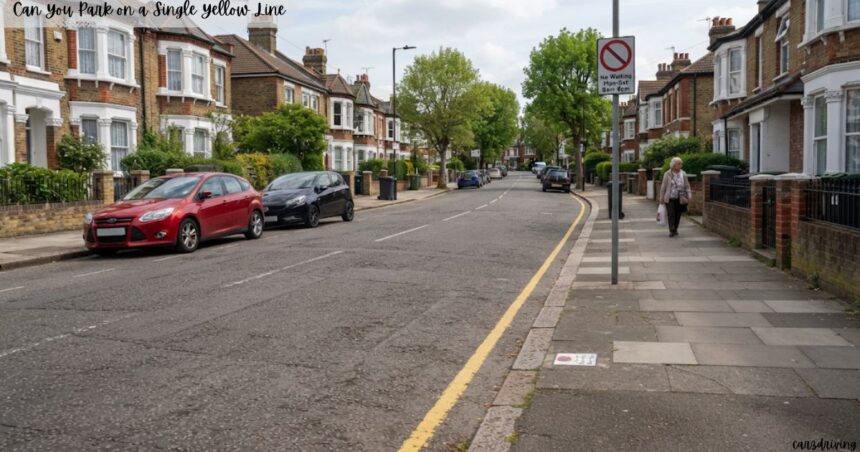 A residential street lined with terraced brick houses, featuring a single yellow line painted along the curb on the right side and a traffic sign that reads "No Waiting Mon-Sat 8am-6pm".at the corner lay can you park on a single yellow line