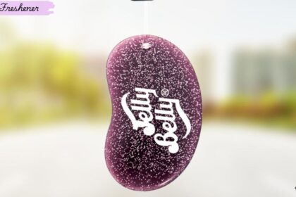 Purple glitter Jelly Belly hanging gel air freshener for car interiors.