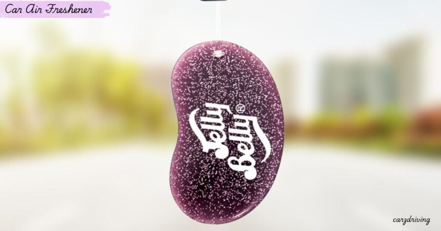Purple glitter Jelly Belly hanging gel air freshener for car interiors.