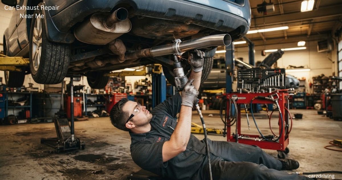 A mechanic lying underneath a lifted car in a workshop, using a pneumatic tool to work on the vehicle's exhaust pipe. car exhaust repair near me