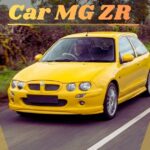 A bright yellow MG ZR hatchback driving on a paved country road surrounded by green fields and hedges, with text at the top reading "Car MG ZR"