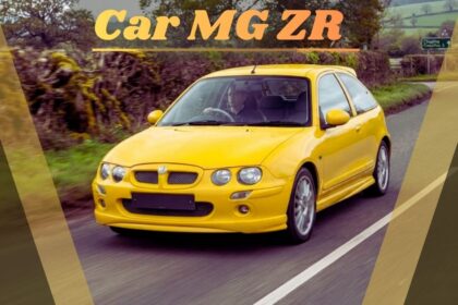 A bright yellow MG ZR hatchback driving on a paved country road surrounded by green fields and hedges, with text at the top reading "Car MG ZR"