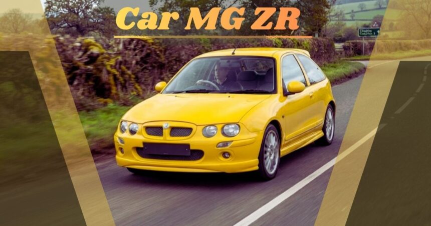 A bright yellow MG ZR hatchback driving on a paved country road surrounded by green fields and hedges, with text at the top reading "Car MG ZR"