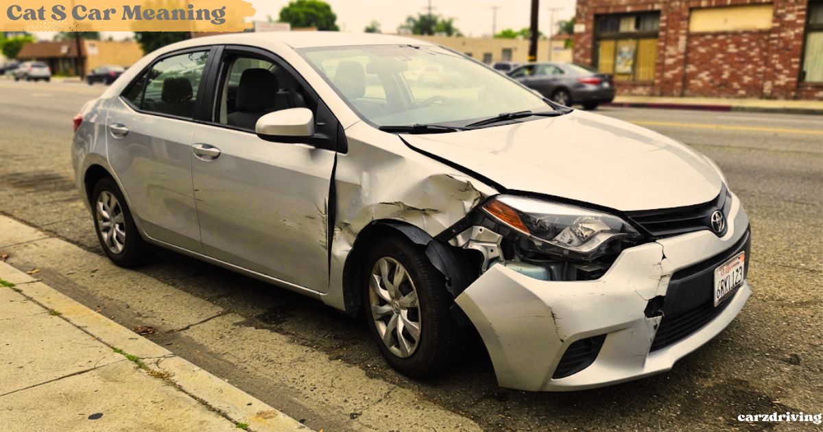 Silver sedan parked on a city street illustrating the meaning of a Category S (Cat S) write-off car, showing structural damage to the front bumper, headlight assembly, and right front fender.